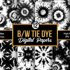Może przedstawiać: Dwunastu czarno-białych cyfrowych papierów tie-dye. Każdy papier ma 12 cali na 12 cali i 3600 pikseli na 3600 pikseli. Papiery są wysokiej rozdzielczości i 300 DPI.