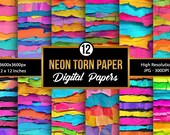 Neon Torn Paper Texture | Bright Ripped Edge Digital Paper | Vibrant Neon Scrapbook Papers