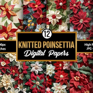 Crochet Knitted Poinsettia Flowers Digital Papers, Holiday Poinsettia Floral Backgrounds