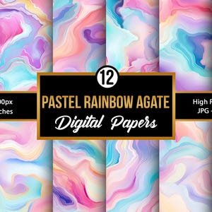 May include: A collection of 12 digital papers with a pastel rainbow agate design. Each paper features swirling patterns in shades of pink, blue, purple, and peach. The papers are 12 x 12 inches and high resolution, JPG format at 300 DPI.