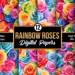Watercolor Rainbow Roses Digital Paper, Seamless Colorful Floral Pattern, Vibrant Watercolor Roses