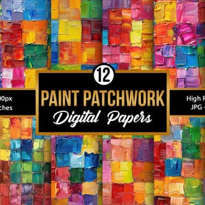 Könnte beinhalten: Zwölf digitale Papiere mit einem Patchwork-Design aus bunten Quadraten mit einem strukturierten Farbeffekt. Jedes Papier ist 3600 x 3600 Pixel groß, oder 12 x 12 Zoll.