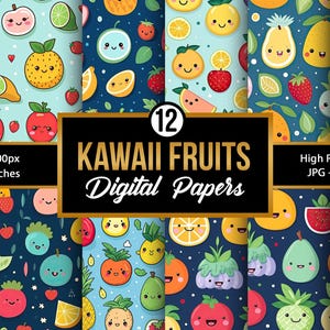 Kawaii Fruits Seamless Pattern, Cute Fruit Digital Paper, Pastel Fruit Backgrounds