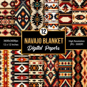 May include: A collection of 12 digital papers featuring Navajo blanket patterns in red, black, white, and orange. The image displays geometric designs, including diamonds and stripes, with text stating 12 NAVAJO BLANKET Digital Papers, 3600x3600px, 30.48 x 30.48 cm, and High Resolution JPG - 300DPI.