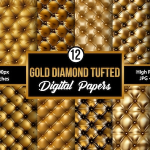 May include: Twelve digital papers featuring a gold diamond tufted pattern. Each paper is 3600 pixels by 3600 pixels, or 12 inches by 12 inches.