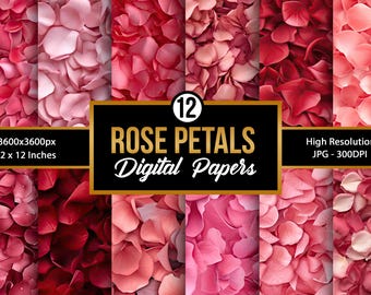 May include: Twelve digital papers featuring close-up images of pink and red rose petals. Each paper is 3600 pixels by 3600 pixels, or 12 inches by 12 inches. The papers are high resolution, 300 DPI.