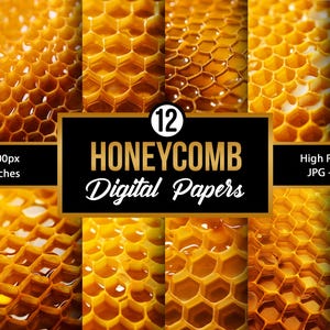 Puede incluir: Un conjunto de 12 papeles digitales de alta resolución con imágenes de primer plano de panales. Los papeles miden 30,48 x 30,48 cm y 3600x3600 píxeles. La imagen incluye el texto "HONEYCOMB Digital Papers".