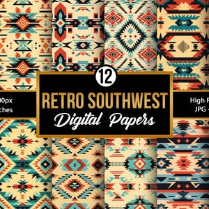 Retro Southwest Digital Paper, Boho Western Tribal Pattern, Earth Tone Aesthetic Backgrounds