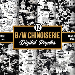 Black & White Chinoiserie Digital Papers, Chinoiserie Seamless Patterns