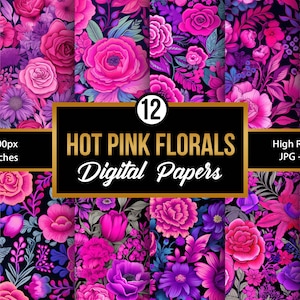Puede incluir: Doce papeles digitales con patrones florales de color rosa intenso sobre un fondo oscuro. Cada papel tiene 3600 píxeles por 3600 píxeles, o 12 pulgadas por 12 pulgadas.