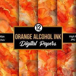 May include: Twelve digital papers featuring abstract orange and gold alcohol ink designs. Each paper is 3600 pixels by 3600 pixels, or 12 inches by 12 inches.