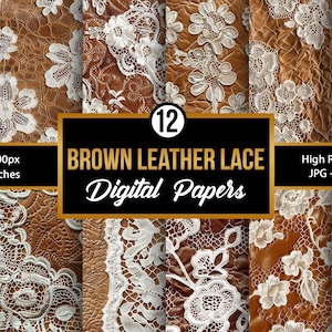 May include: Twelve digital papers featuring a brown leather background with white lace overlay. Each paper is 3600 pixels by 3600 pixels, or 12 inches by 12 inches.