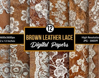 Brown Leather Lace Seamless Pattern, Boho Lace Digital Papers, Leather Floral Lace Backgrounds