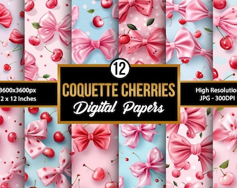 3D Coquette Cherries Digital Papers, Coquette Bows & Cherry Seamless Patterns, Scrapbook Papers