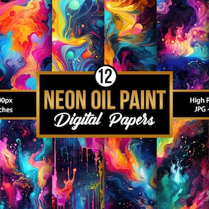 Puede incluir: Doce papeles digitales con diseños abstractos de pintura al óleo de neón en colores vibrantes como rosa, azul, amarillo y naranja. Cada papel tiene 3600 x 3600 píxeles, o 12 x 12 pulgadas.