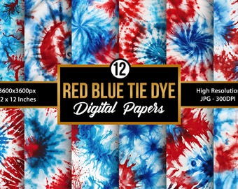 Red, Blue, and White Patriotic Tie Dye Seamless Patterns, American Patriotic Backgrounds, Watercolor Tie Dye Digital Papers