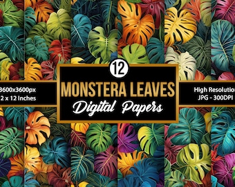 Monstera Blätter Digitales Papier, Nahtloses Muster, Tropische Grüne Blätter Hintergründe