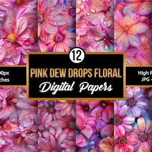 Bright Pink Dew Drops Flowers Pattern | Fresh Floral Digital Paper | Seamless Spring Dewy Flower Background