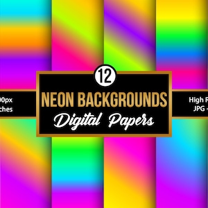 May include: Twelve digital papers featuring neon gradient backgrounds in a variety of colours, including pink, blue, green, yellow, and orange. Each paper is 3600 pixels by 3600 pixels, or 12 inches by 12 inches.