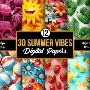 Peut inclure: Un ensemble de 12 papiers numériques illustrant des motifs d'été en 3D. Les papiers comprennent des images de cornets de glace, de flamants roses, d'un soleil souriant, de fleurs en papier, de feuilles tropicales, de tranches de pastèque, de ballons de plage, de fraises, de tranches d'ananas et d'un verre de limonade. Le texte "12 3D SUMMER VIBES Digital Papers" est affiché sur une bannière dorée.