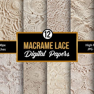 May include: Twelve digital papers featuring a white macrame lace pattern. Each paper is 3600 pixels by 3600 pixels, or 12 inches by 12 inches. High resolution JPG files at 300 DPI.