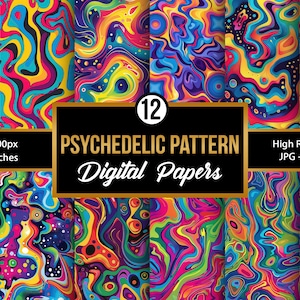 Peut inclure: Douze papiers numériques présentant des motifs psychédéliques aux couleurs vives, notamment jaune, bleu, rouge, vert et violet. Chaque motif est un design abstrait tourbillonnant avec une haute résolution de 3600x3600 pixels.