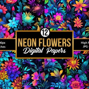 Bright Neon Flowers Digital Paper, Seamless Floral Pattern, Colorful Neon Floral Garden