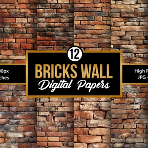May include: Twelve digital papers featuring a brick wall texture. Each paper is 3600 pixels by 3600 pixels, or 12 inches by 12 inches. The brick wall is made of red, brown, and gray bricks.