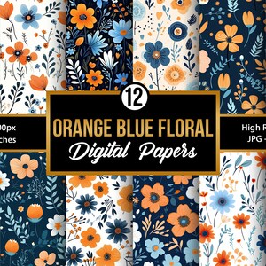Digitala papper med orangeblå blommor, sömlösa mönster med vårblommor