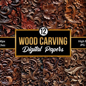 Op de afbeelding: Digitale papieren met gedetailleerde houtsnijwerkpatronen. De afbeelding toont 12 JPG-bestanden met hoge resolutie, elk 30,48 cm x 30,48 cm groot. De ontwerpen bevatten bloemen en sierlijke motieven in bruin- en roodtinten.