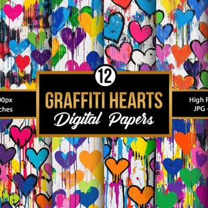 May include: A set of 12 digital papers featuring colourful graffiti hearts on a white background. The papers are 3600x3600 pixels, or 12x12 inches, and are high resolution JPGs at 300 DPI.