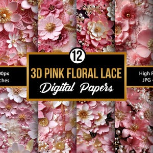 May include: A set of 12 digital papers featuring a 3D pink floral lace design. The papers are high resolution, 3600x3600 pixels, and 12x12 inches.