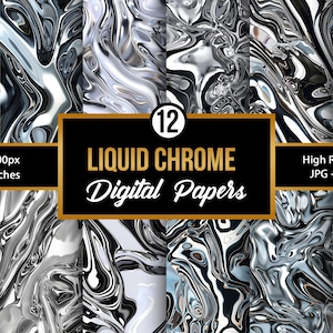 May include: A collection of 12 digital papers with a liquid chrome effect. Each paper has a swirling, metallic design in shades of silver, black, and white. The papers are 12 x 12 inches and high resolution, JPG format at 300 DPI.