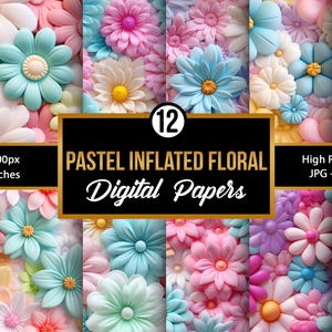 May include: A collection of 12 pastel-colored digital papers featuring inflated floral designs. The papers showcase various flowers in shades of pink, blue, and white. Each paper is 12 x 12 inches and has a high resolution of 300 DPI.