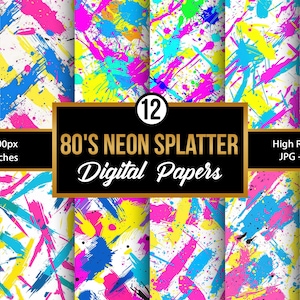 May include: Twelve digital papers featuring a bright, colorful, 80s-inspired neon splatter pattern. The papers are 12 inches by 12 inches and 3600 pixels by 3600 pixels.