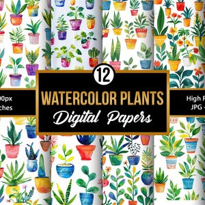 Watercolor Potted Plants Digital Paper, Seamless Botanical Pattern, Indoor Plant Art, Garden Pot Design