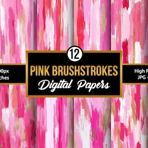 May include: Twelve digital papers featuring pink and gold brushstrokes. Each paper is 12 inches by 12 inches and 300 DPI.