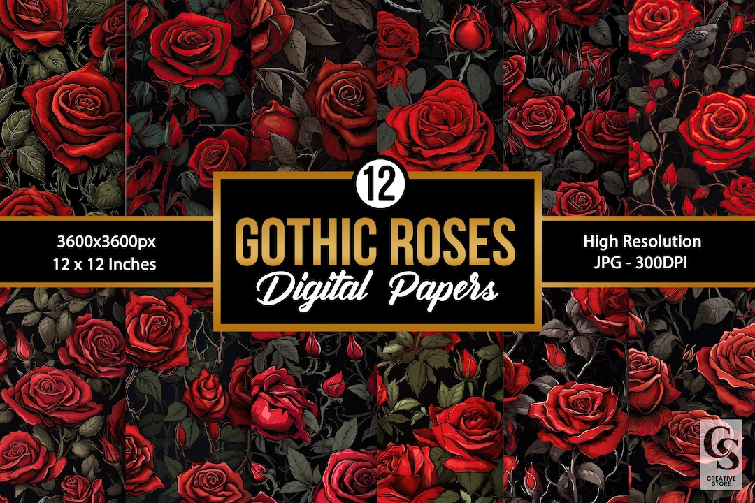 Gothic Red Roses Seamless Patterns, Red Rose Flowers Digital Papers ...