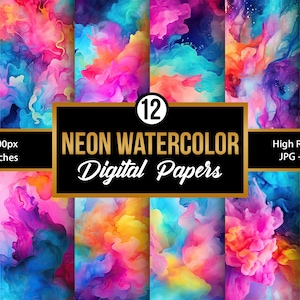 May include: A collection of 12 neon watercolor digital papers. Each paper features vibrant, swirling colors including pink, blue, yellow, and purple. The papers are 12 x 12 inches and high resolution. The image also includes the text "NEON WATERCOLOR Digital Papers".