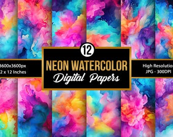 Neonowa tekstura akwareli | Jasny abstrakcyjny papier cyfrowy | Bezszwowe, żywe tło | Kolorowa neonowa akwarela