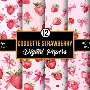 May include: Twelve digital papers featuring a repeating pattern of pink bows and red strawberries on a pink background. The papers are 12 inches by 12 inches and 300 DPI.
