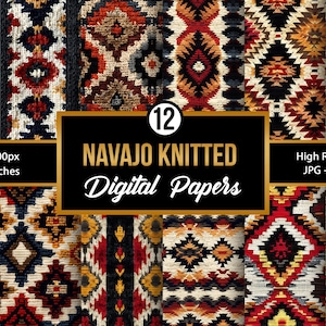 Könnte beinhalten: Eine Sammlung von 12 Navajo-Strick-Digitalpapieren. Jedes Papier zeigt ein einzigartiges Muster in Rot-, Blau-, Gelb- und Cremetönen. Die Papiere sind 30,48 x 30,48 cm groß und hochauflösend.