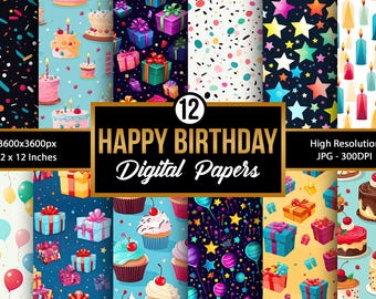Patrones sin costuras de cumpleaños, fondos de papel digital para fiestas de cumpleaños