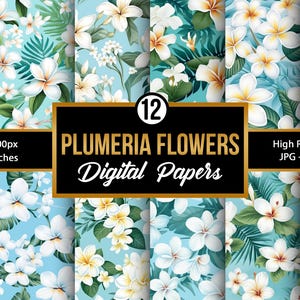 May include: A set of 12 digital papers featuring a tropical floral pattern with white plumeria flowers and green leaves on a light blue background. The papers are 3600x3600 pixels, 12x12 inches, and 300 DPI.