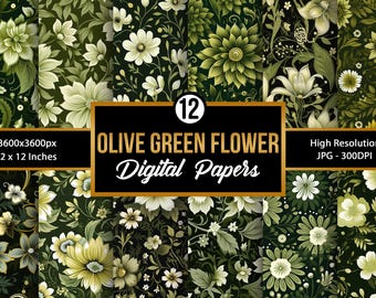 Olivgrüne Blumen-Digital-Papier, nahtlose Blumenmuster für Scrapbooking, Natur-Grün-Blumengarten