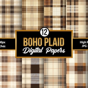 Könnte beinhalten: Eine Sammlung von 12 digitalen Papieren mit Boho-Plaid-Design. Die Papiere zeigen verschiedene braune und beige Karomuster. Das Bild enthält den Text "BOHO PLAID Digital Papers" und die Maße 30,48 x 30,48 cm.