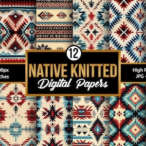 May include: Twelve digital papers featuring a native knitted pattern in red, blue, and black on a cream background. The papers are 3600 pixels by 3600 pixels, or 12 inches by 12 inches.