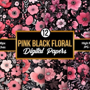 Pink and Black Flowers Pattern | Bold Floral Digital Paper | Chic Flower Background