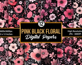 Pink and Black Flowers Pattern | Bold Floral Digital Paper | Chic Flower Background