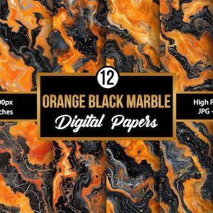 May include: Twelve digital papers featuring a black and orange marble pattern. Each paper is 12 inches by 12 inches and 300 DPI.